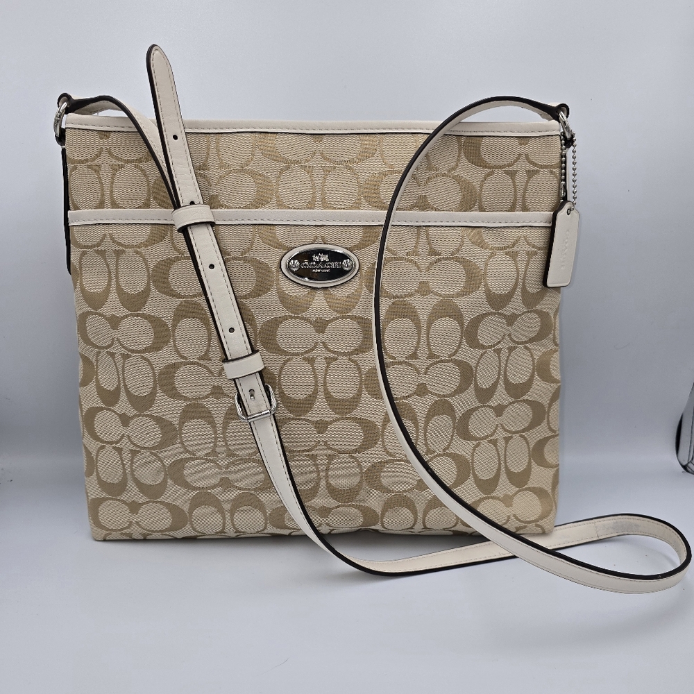 COACH F36378 Signature File Crossbody Bag Light Khaki Canvas Chalk White Leather